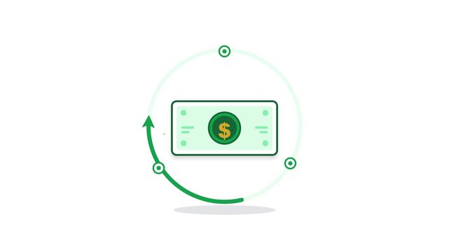 Vector illustration of a dollar bill with a circular green arrow showing financial return, cash flow, and investment growth