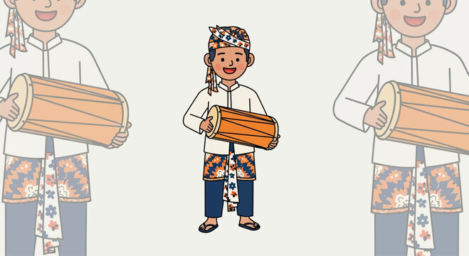 Indonesian boy in traditional dress playing a kendang drum