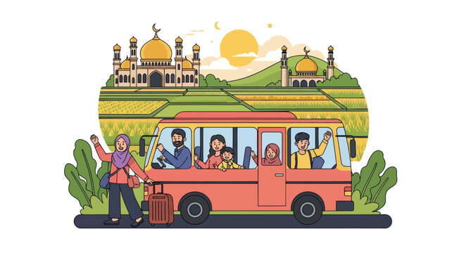 Muslim family traveling by bus for Eid.