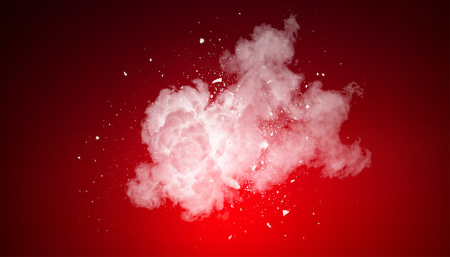 Abstract cloud burst illustration featuring dramatic white smoke explosion and flying debris against red background