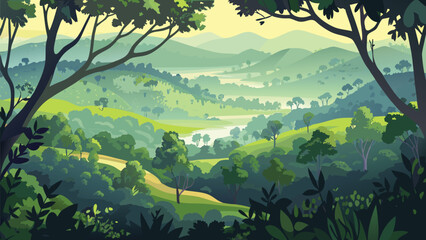 Obraz premium Lush Green Forest Valley with Winding River and Rolling Hills Vector Illustration.