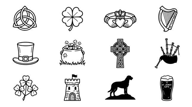 Celtic Irish icons set, traditional Saint Patrick's Day symbols vector, black and white cultural illustrations for Ireland heritage branding isolated on Transparent Background