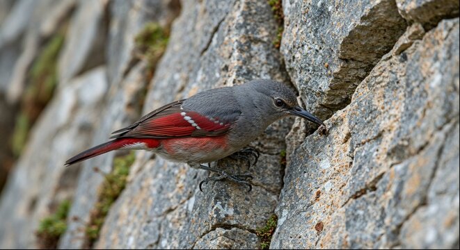 Wallcreeper Searching Rocky Cliff for Insects, Alpine Rare Bird Wildlife Portrait Photography