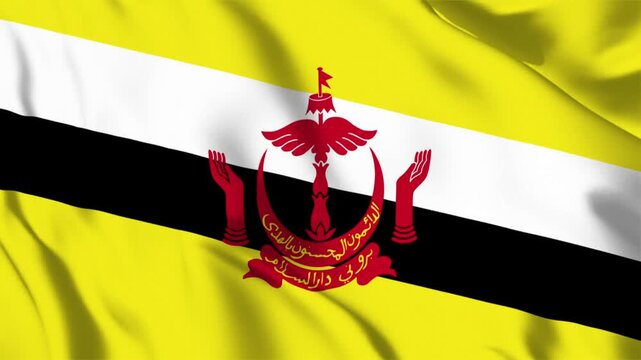 Waving National Flag of Brunei Darussalam with Yellow Background Black and White Diagonal Stripes and Red State Emblem