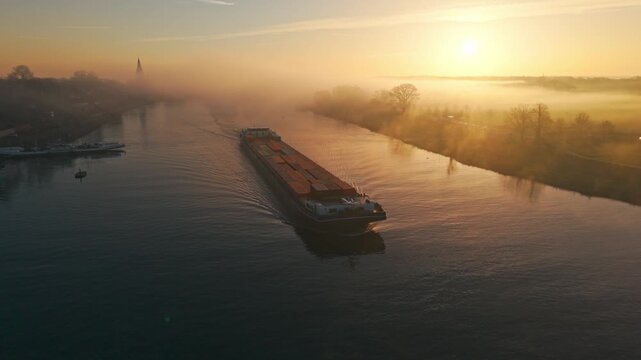 Aerial view of cargo ship on river at sunrise, Netherlands.