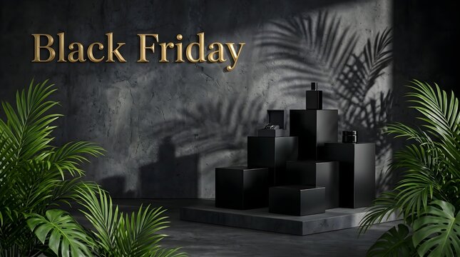 Elegant black friday sale background featuring luxury gift boxes and tropical green palm leaves for retail promotion