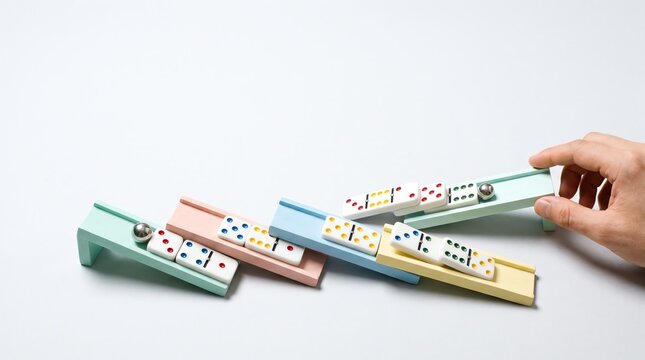 Domino effect with rolling balls on ramps, conceptual