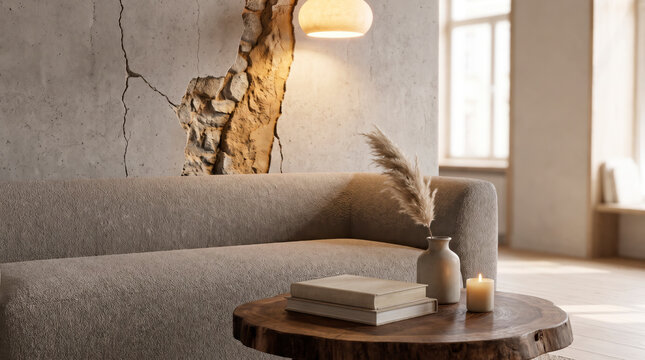 Glowing pendant light illuminating exposed rock crack behind curved boucle sofa