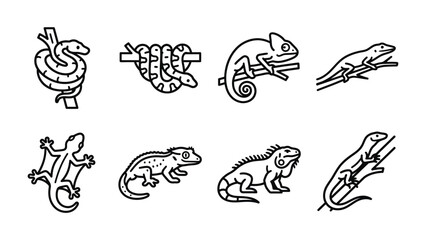 Obraz premium Reptile Icon Set: A collection of stylized line art icons depicting various reptiles, including snakes, chameleons, iguanas, and geckos, in different poses and settings.