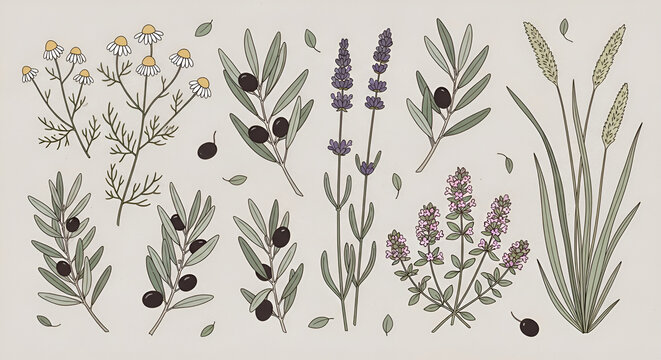 Collection of hand drawn botanical herb illustrations featuring lavender olive branches chamomile thyme and wild grass elements