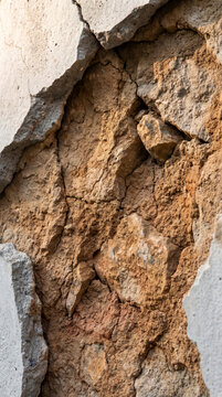 Macro texture of fractured plaster wall revealing raw layered stone and clay