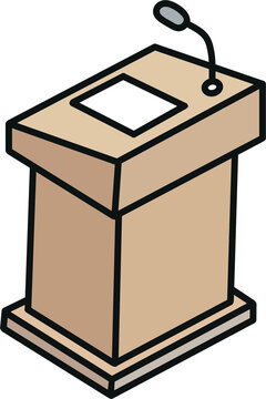 Wooden podium with microphone vector illustration, classroom lecture stand icon