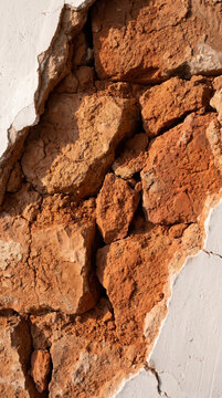 Vertical macro detail of cracked plaster wall exposing sunlit stone texture