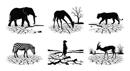 Fototapeta premium African wildlife silhouettes on cracked earth a vector illustration