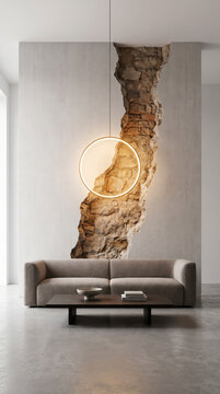 Stone vein glowing with pendant light flowing through minimalist living room wall