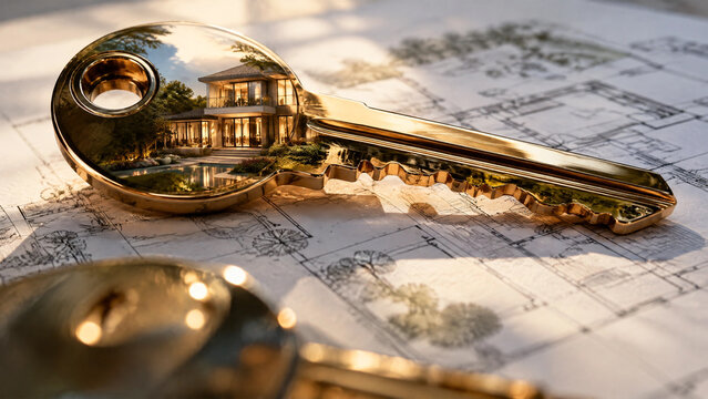 Golden house key reflecting a luxury home design on architectural building plans