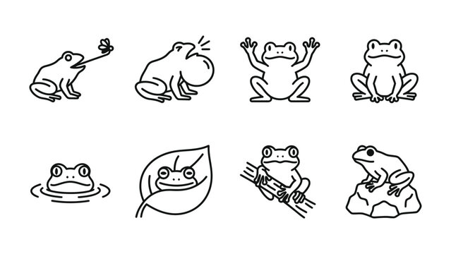 Cute Frog Collection: A whimsical set of line art illustrations depicting various frog poses and actions, including catching a fly, croaking, and sitting on a leaf.
