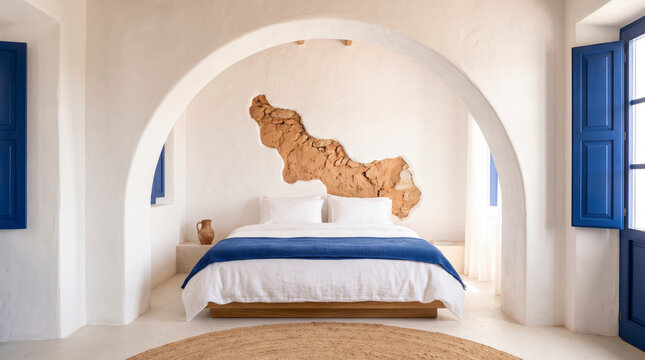 Symmetrical archway framing exposed stone vein above serene coastal bedroom bed