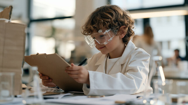 A young scientist with clipboard and goggles pretending to adjust a makeshift cardboard time machine in a cluttered university lab during pretend to be a time traveler day,