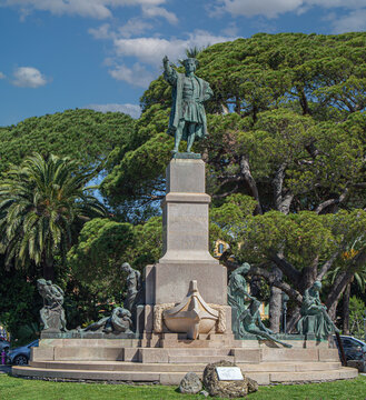 Christopher Columbus Monument (Monumento a Cristoforo Colombo) in Rapallo, Province of Genoa, Liguria region, Italy. Created by the Argentine-Italian sculptor Arturo Dresco and inaugurated in 1914.