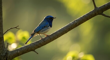 Obraz premium A vibrant blue bird perches on a branch, illuminated by the sun, with bokeh backdrop