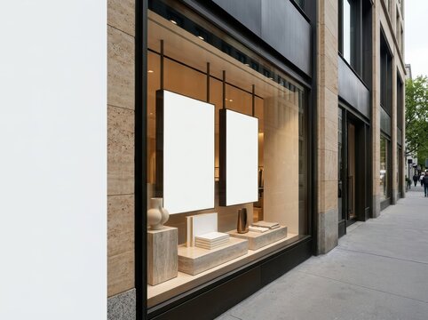 Modern storefront with empty signage in urban environment