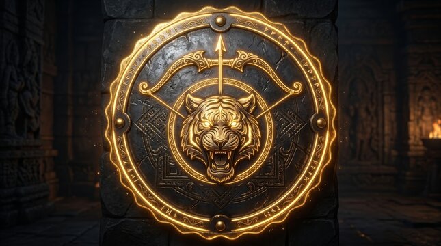 Sacred golden emblem featuring tiger and crossed bow arrow on dark