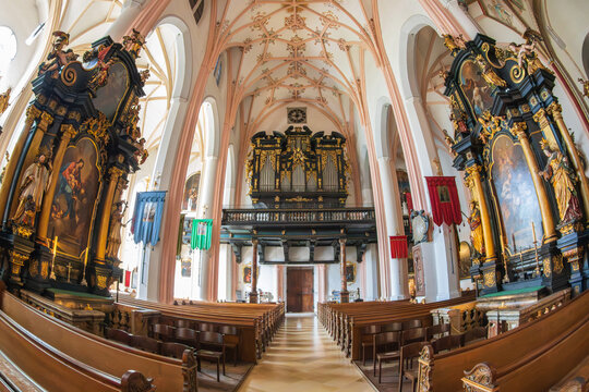 Mondsee, Austria &ndash; August 24, 2025: The interior of the Basilica of St. Michael (Basilika St. Michael). The church was part of the former Benedictine monastery in Mondsee, originally founded in 748 AD