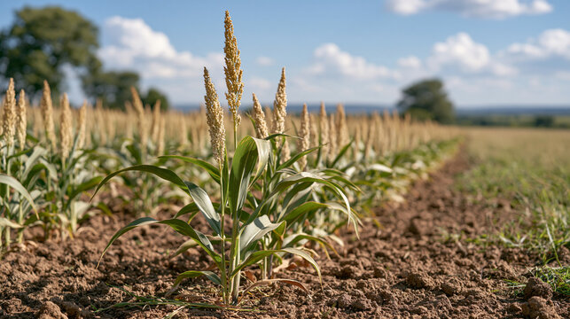 Rows of drought-resistant sorghum crops growing beside failed conventional maize in a Zimbabwean smallholder field, climate-adapted agriculture, food security innovation, African