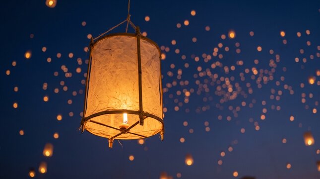 Traditional Yi Peng Paper Lantern Glowing Against Twilight Sky in Thailand