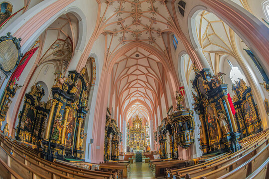 Mondsee, Austria &ndash; August 24, 2025: The interior of the Basilica of St. Michael (Basilika St. Michael). The church was part of the former Benedictine monastery in Mondsee, originally founded in 748 AD
