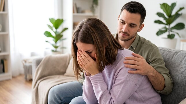 A man comforts a crying woman on a couch, showing empathy and support during a difficult time.