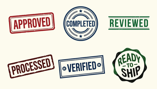 Set of isolated rubber stamp impressions with status messages like approved and completed