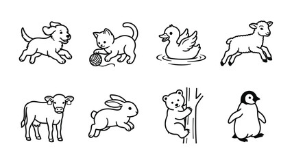 Obraz premium Collection of Cute Baby Animals in Sketch Style: A charming illustration featuring a playful puppy, a curious kitten with yarn, a happy duckling on water, a gentle lamb, a young calf, a hopping bunny.
