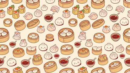 A dense, appetizing vector illustration seamless pattern of dimsum and Asian steamed treats on a warm light cream background, featuring repeating detailed objects from various angles: bamboo steamer b © khan