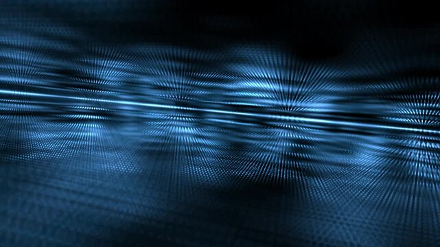 Abstract blue digital light pattern with glowing linear waves and radiant motion blur effects across a dark background. The futuristic composition represents data processing