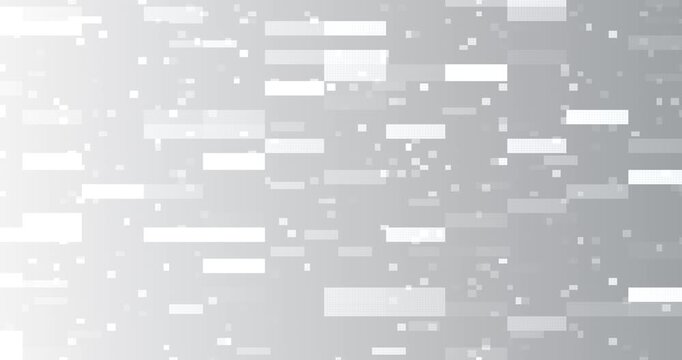 Abstract white digital glitch background with floating rectangular blocks and pixel fragments, creating a clean technological pattern that represents data processing, information flow