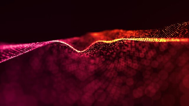 Abstract red and orange particle landscape with glowing points forming a flowing digital surface, creating a futuristic technology background that represents energy, data visualization
