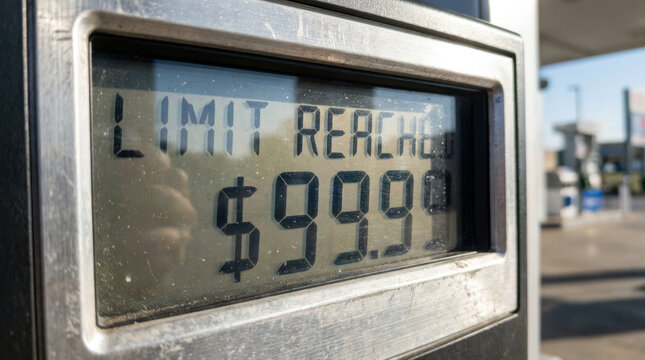 Fuel pump display limit reached digital meter alert prompting driver to stop fueling at outdoor gas station kiosk immediately
