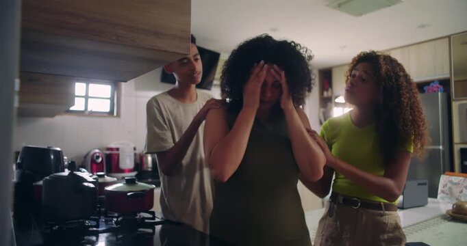 Mother covering face in frustration as teenage children demand her attention, dramatic depiction of parenting exhaustion and family tension, family of African descent