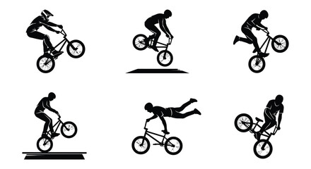 Fototapeta premium Bicycle motocross silhouettes depict various freestyle stunts on a white background