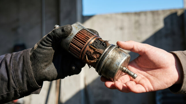 Fuel filter, clogged filter, mechanic, engine repair, workshop, contamination shows technician uncovering dirty cartridge hindering vehicle