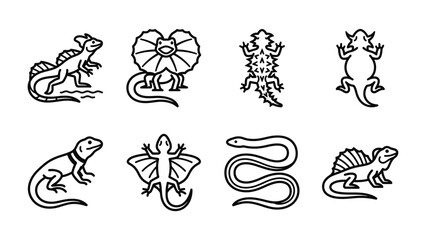 Obraz premium Reptile Icons Collection: A diverse collection of stylized line art icons featuring various reptiles including lizards, frilled lizards, snakes, and prehistoric creatures.
