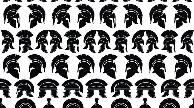 Seamless pattern featuring black Spartan helmet silhouettes arranged in a repeating grid on white