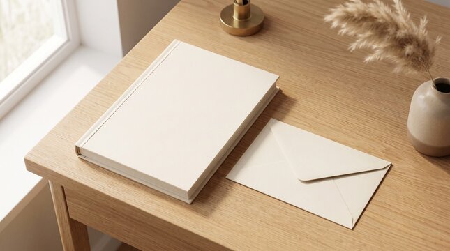 Mockup presentation with a blank book and envelope on a wooden table in bright natural light