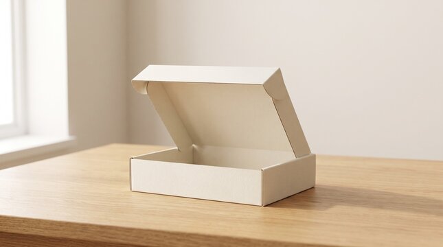Blank White Cardboard Mailer Box Open on Wooden Table Surface for Product Packaging Mockup