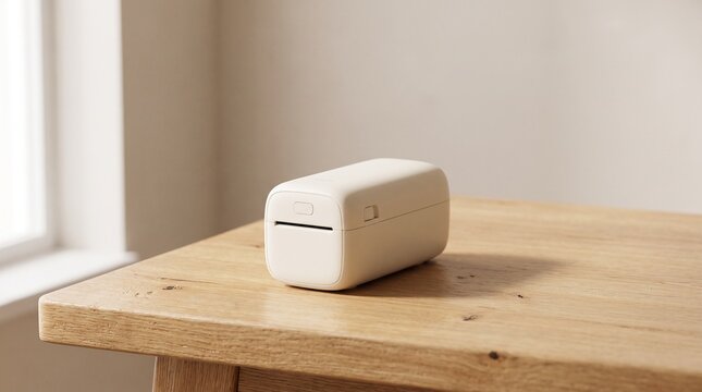 Compact Portable Label Printer on a Minimalist Wooden Desk for Efficient Home and Office Organization
