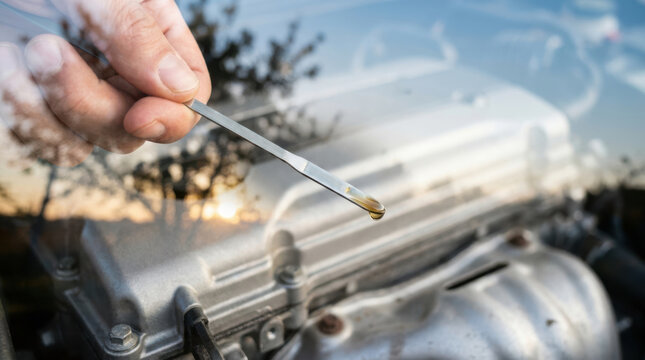 Dipstick engine motor oil hand maintenance close up checking fluid level under hood at sunrise for engine health and smooth driving safety