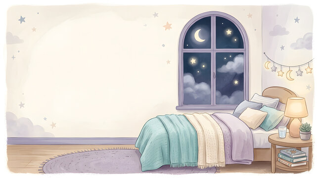 Dreamy nocturnal bedroom scene with crescent moon window and cozy bedding illustration