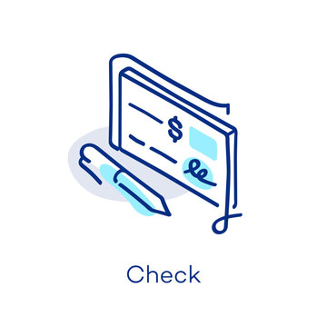 Linear check icon in isometric view, featuring a decorative curved line with a colorful accent. Symbol representing paying, purchasing, payment and banking.